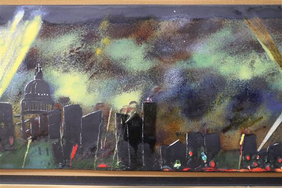 Two large enamel on copper plaques The Blitz near St Pauls with Searchlights and A Country Fair with Marquee & Procession, 30 x 92